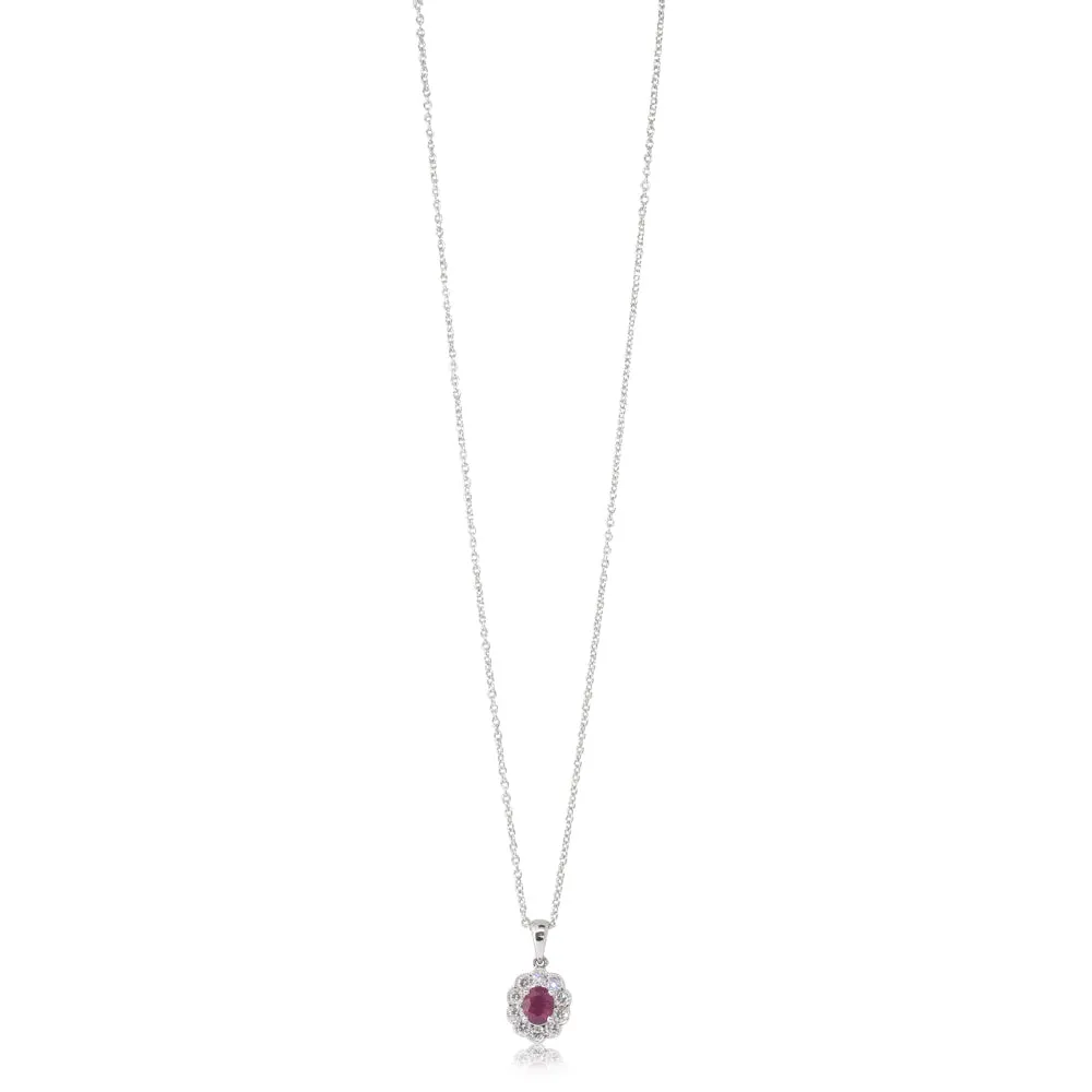 18ct White Gold Ruby & Diamond Halo Pendant