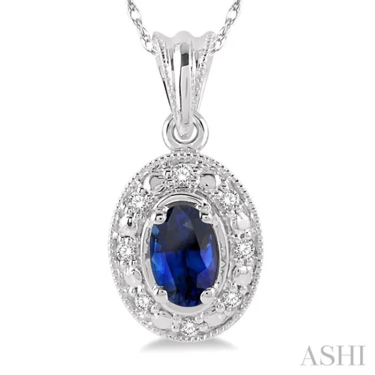 5x3mm Oval Shape Sapphire and 1/20 Ctw Single Cut Diamond Pendant in 14K White Gold with Chain