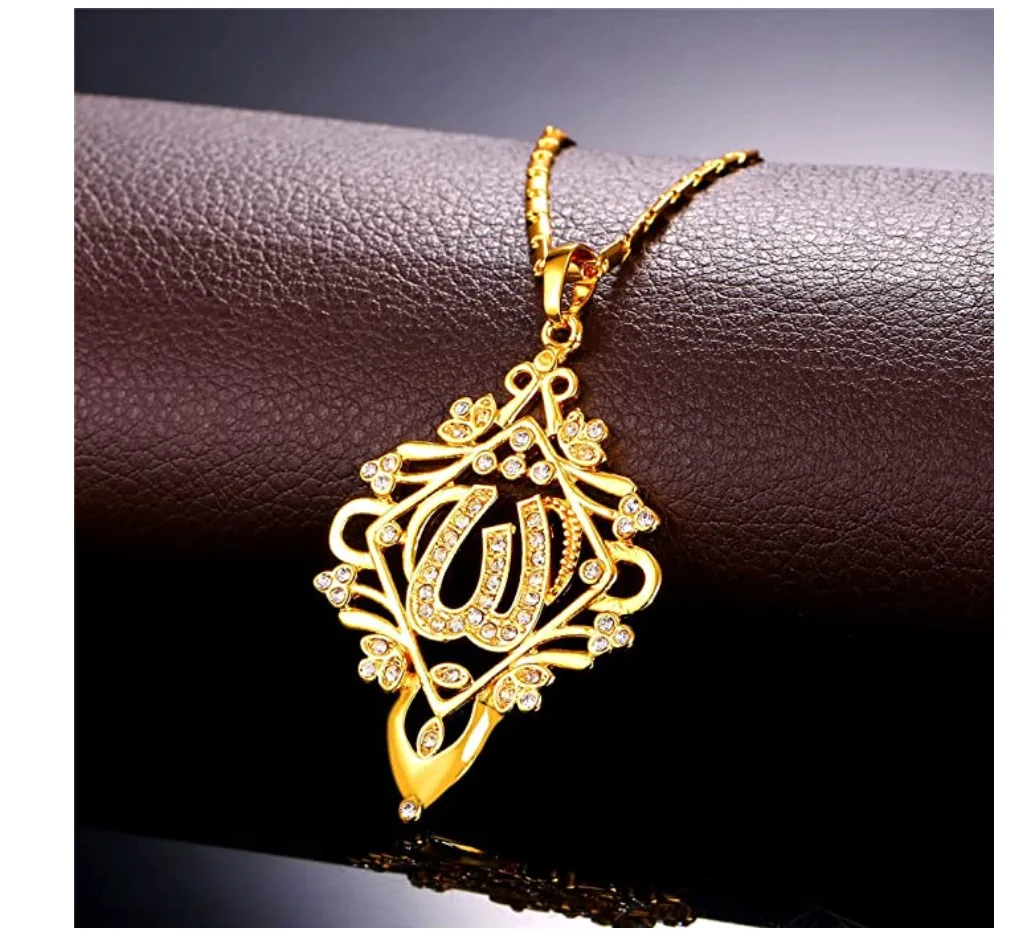 Allah Chandelier Chain Holy Islamic Jewelry Muslim Gift Arabic Necklace Simulated Diamond Allah Pendant Gold Silver Color Metal Alloy 22in.