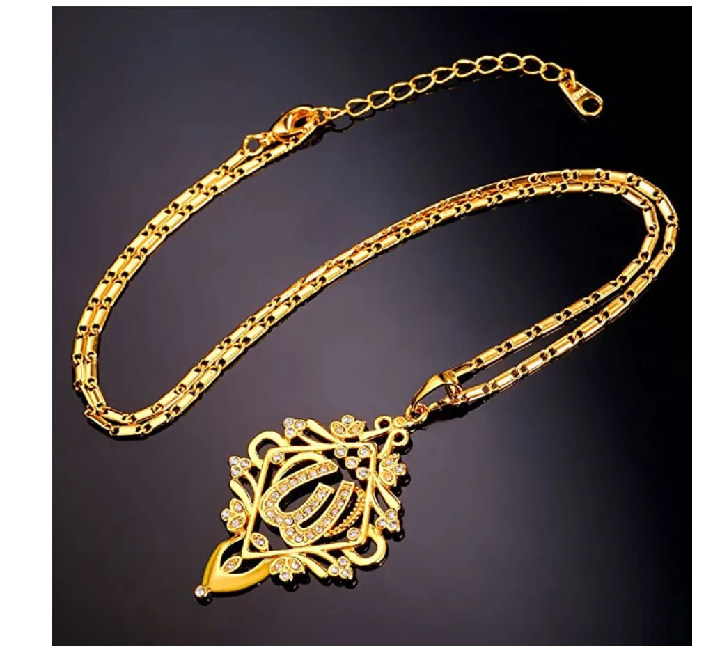 Allah Chandelier Chain Holy Islamic Jewelry Muslim Gift Arabic Necklace Simulated Diamond Allah Pendant Gold Silver Color Metal Alloy 22in.