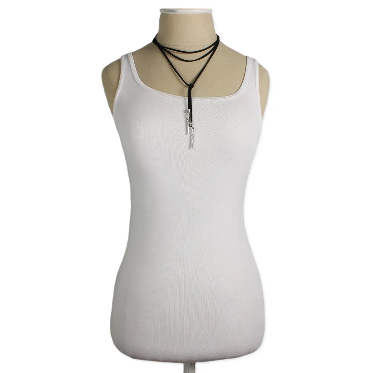 Black Suede Silver Spike Lariat Necklace