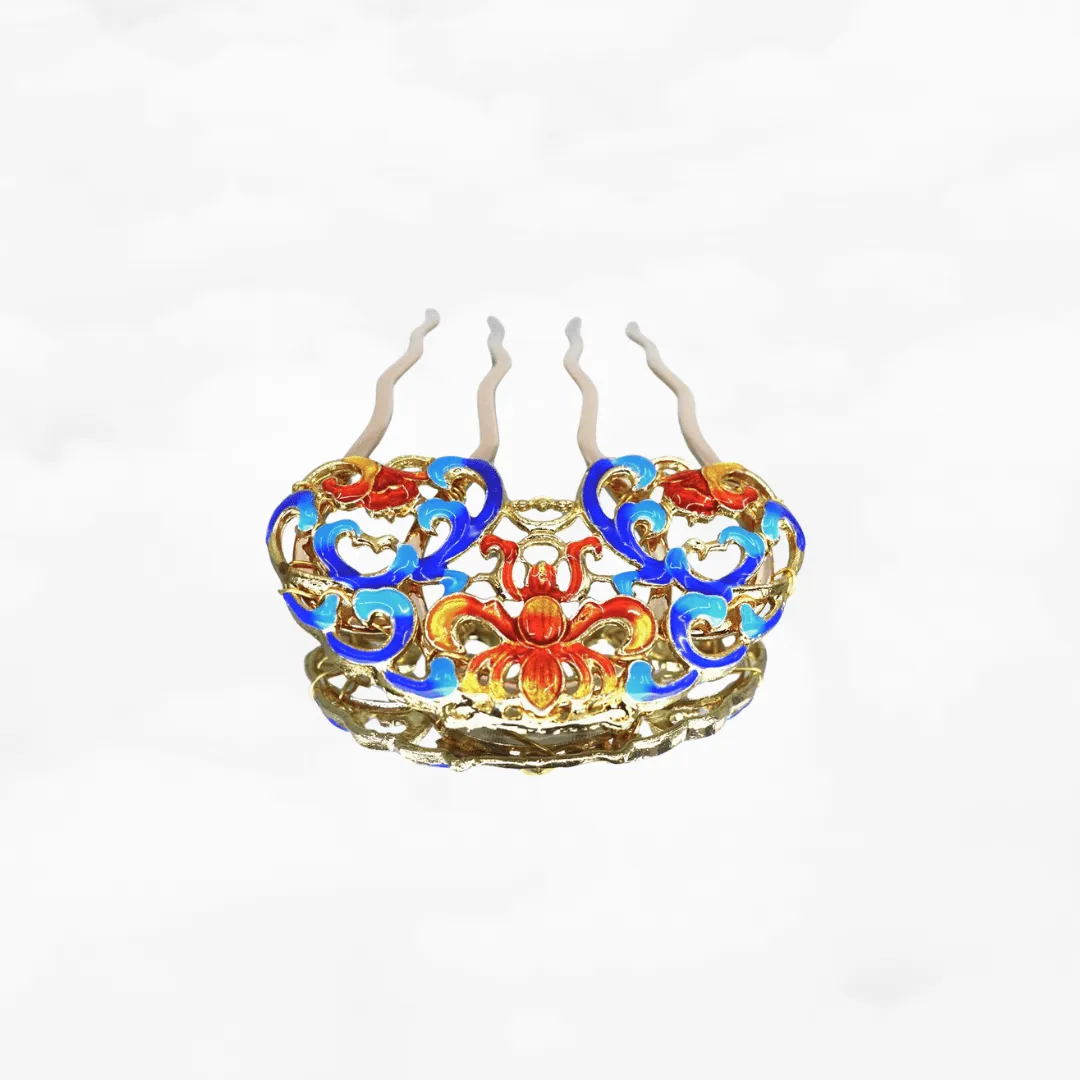 Blue Orange Enamel Peony Hair Comb