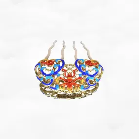 Blue Orange Enamel Peony Hair Comb