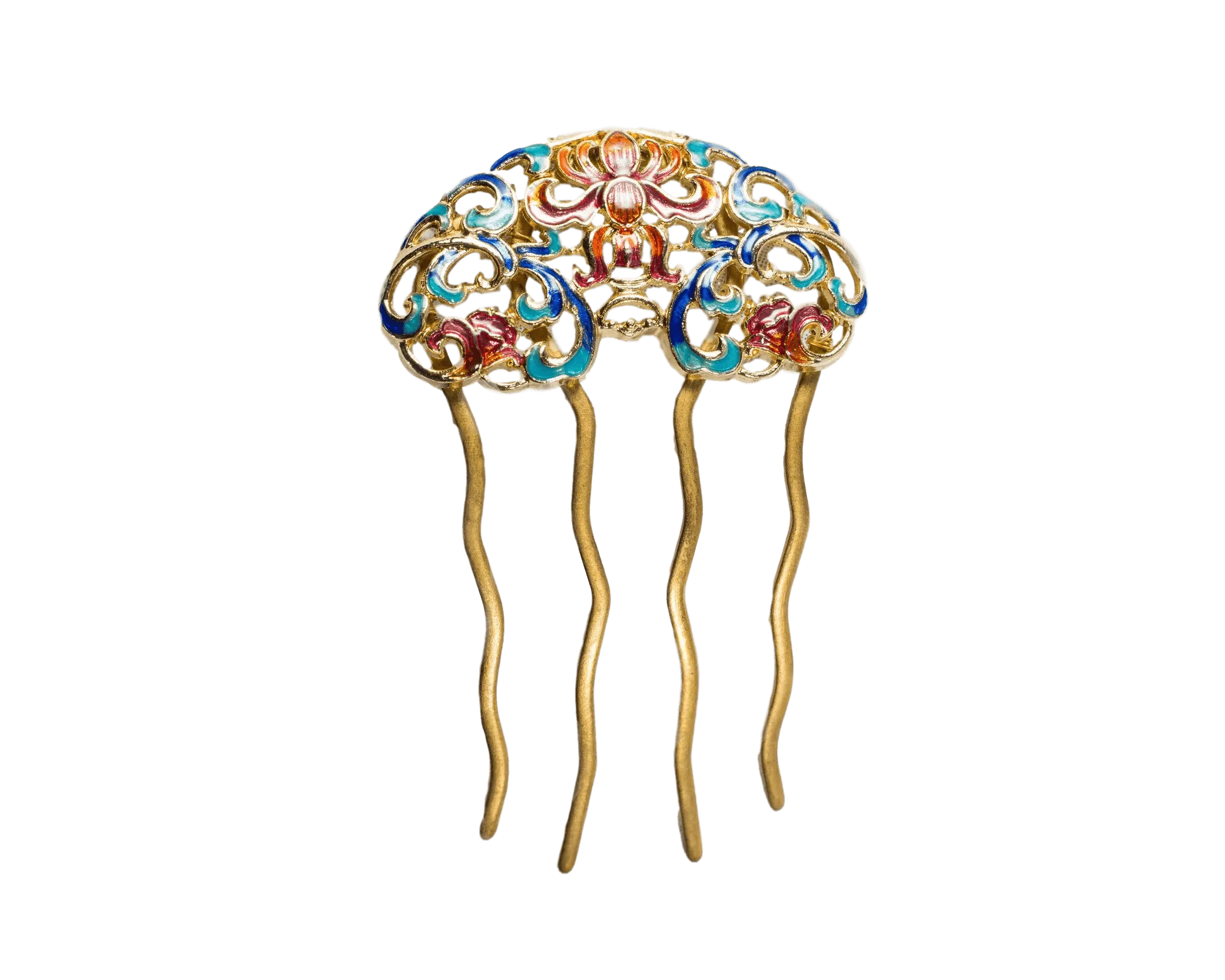 Blue Orange Enamel Peony Hair Comb