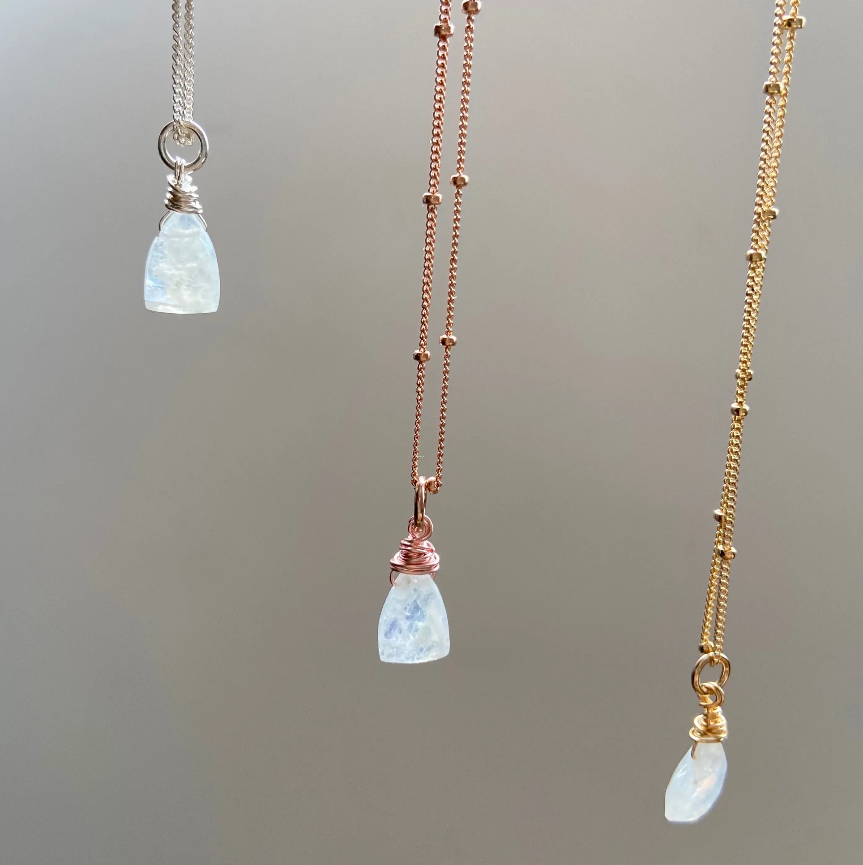 Briolette Wrapped Moonstone Solitaire Mid Length Charm Necklace in Gold, Silver, or Rose Gold (18 inches)