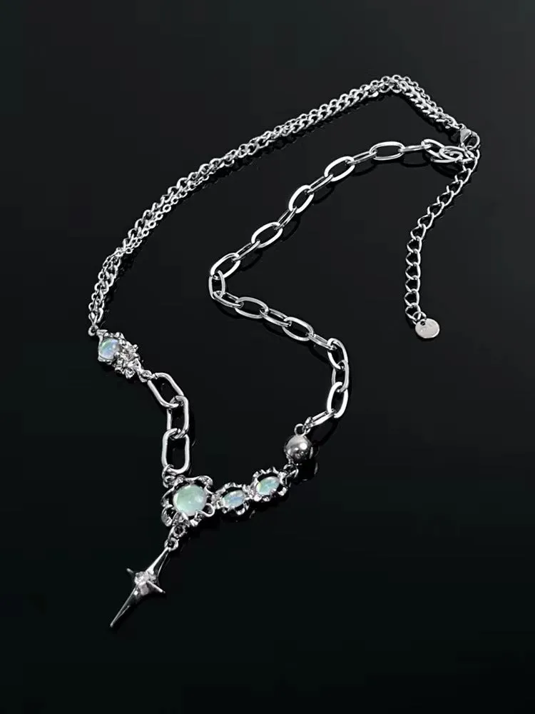 Cross Moonstone Necklace Trendy Cool Hot Girl Clavicle Chain Women's T-shirt Chain Accessories