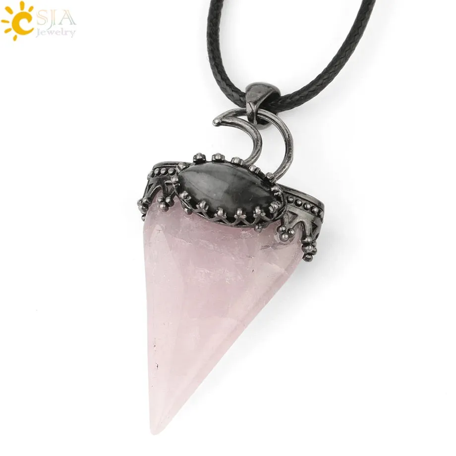 CSJA Natural Stone Triangle Pendant Necklace Antique Silver-color Crown Moon Labradorite Geometric Women Men Trendy Jewelry G324
