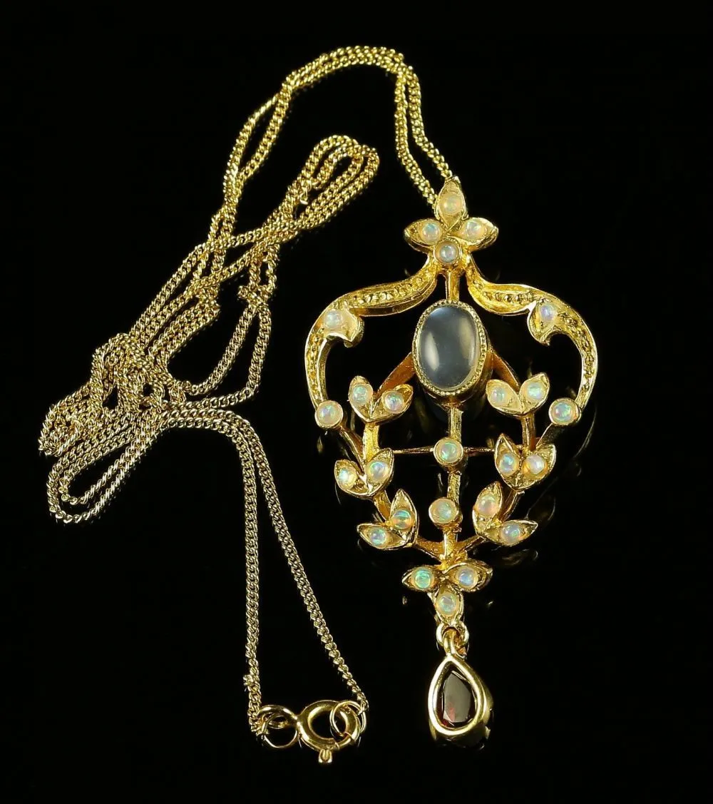 Edwardian Style Opal Moonstone Amethyst Pendant Necklace 18ct Gold On Silver