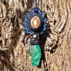 Fire opal and raw chrysocolla pendant