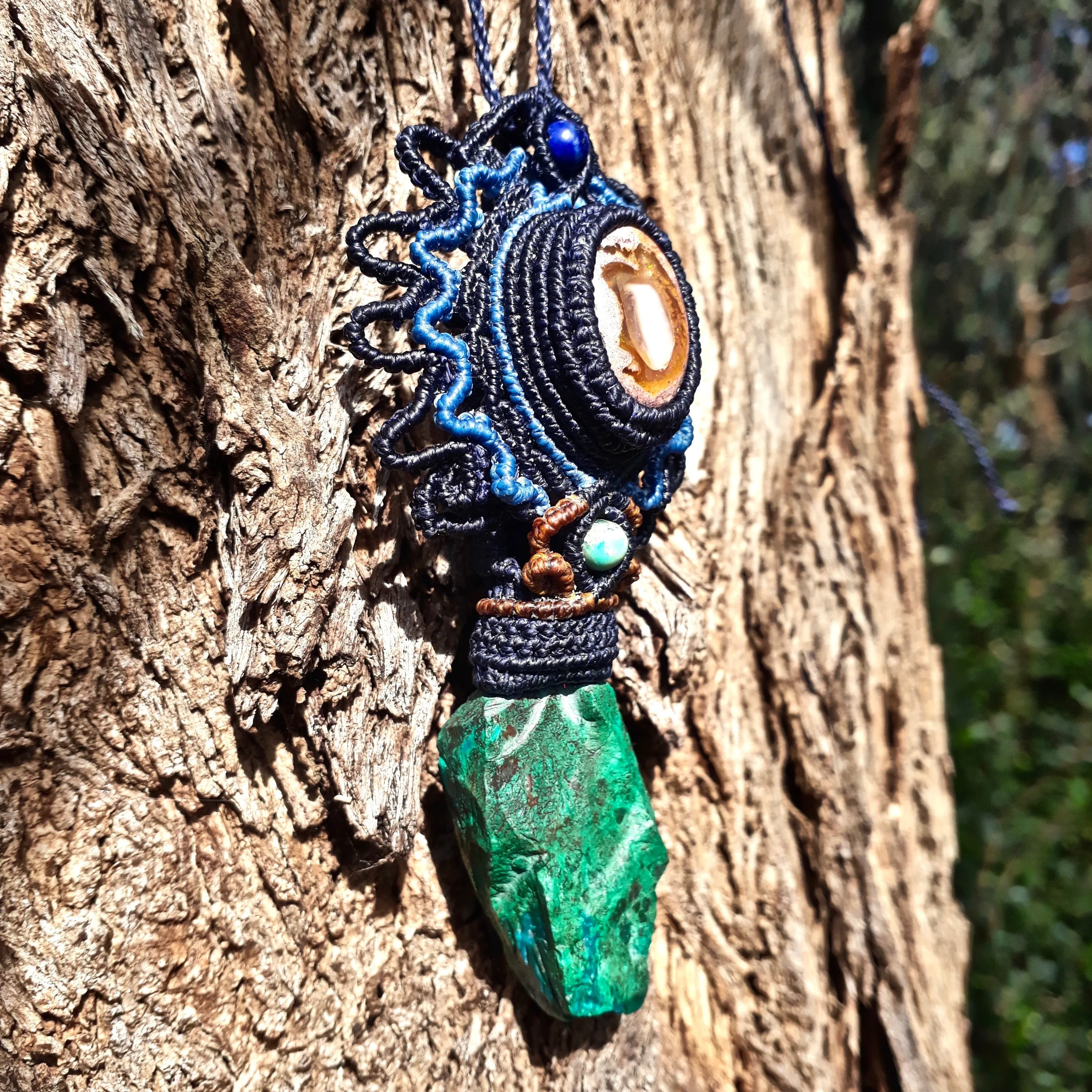 Fire opal and raw chrysocolla pendant