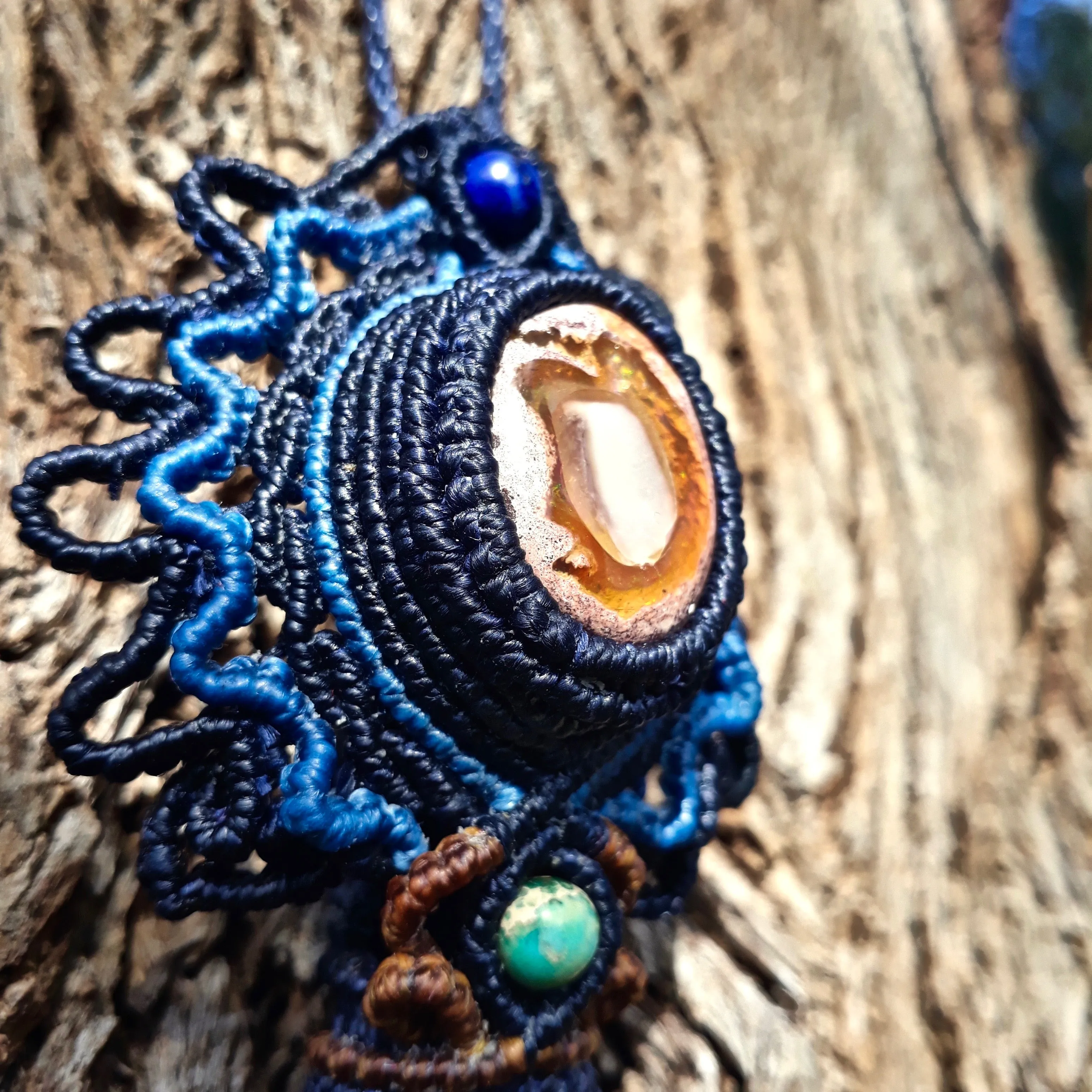Fire opal and raw chrysocolla pendant