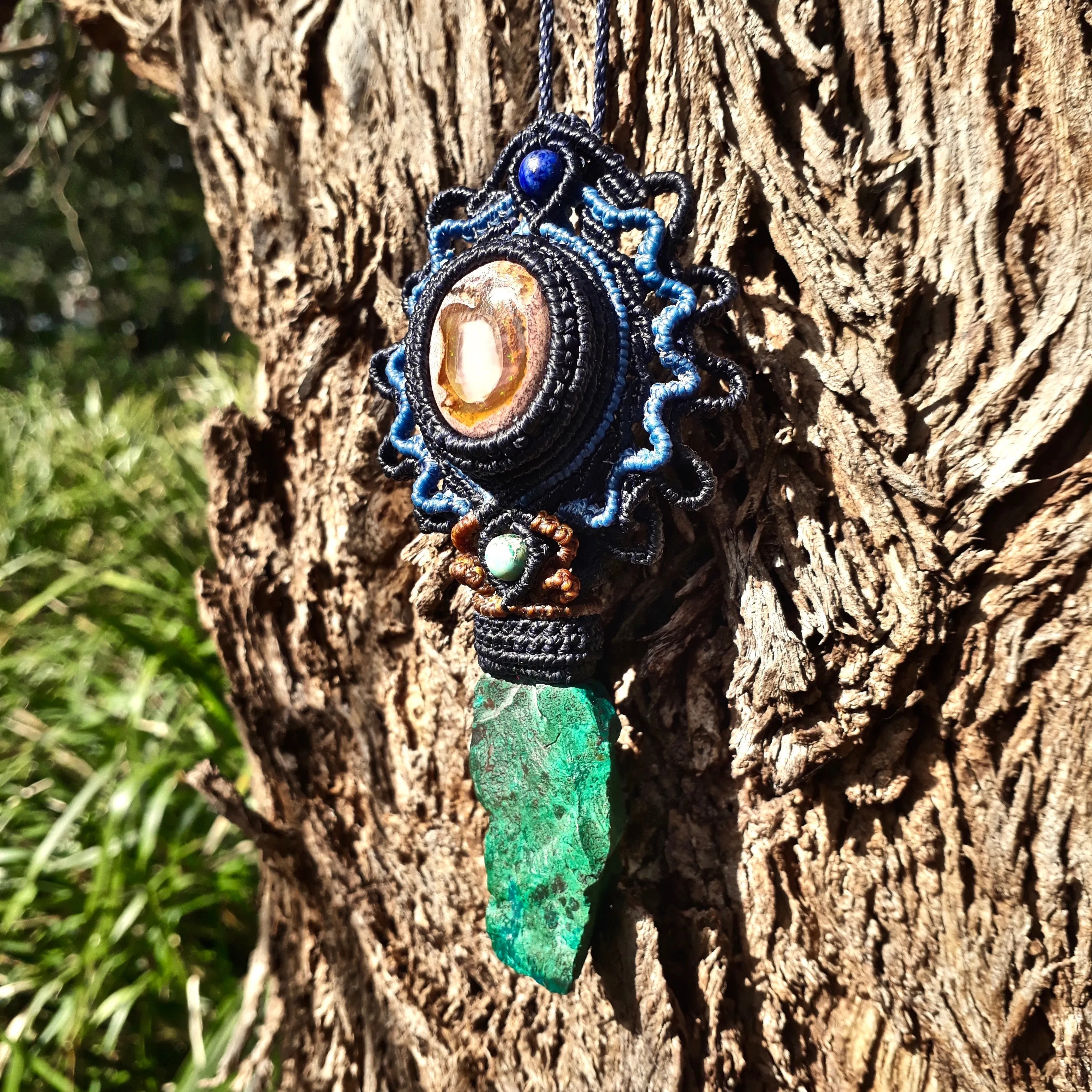 Fire opal and raw chrysocolla pendant