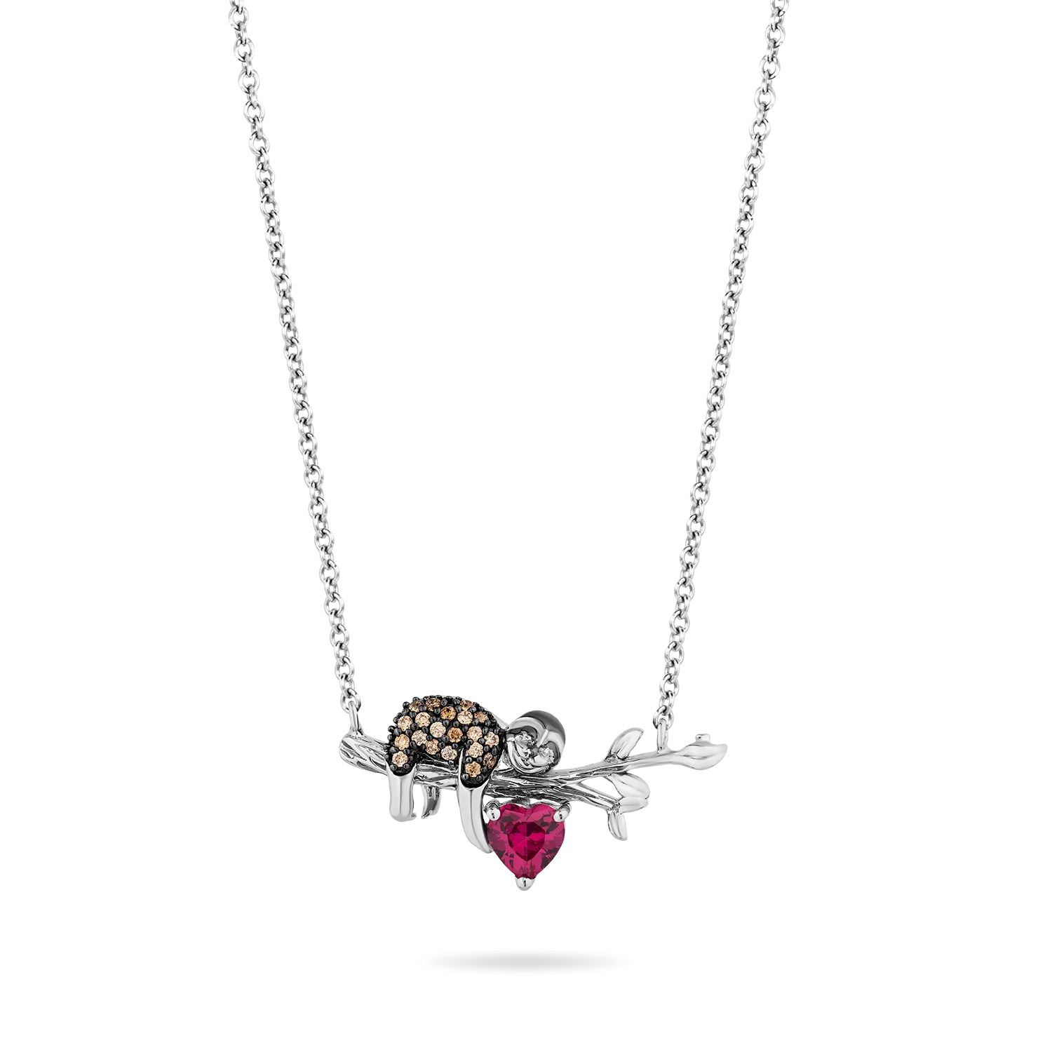 Hallmark Fine Jewelry Sleepy Sloth Necklace in Sterling Silver with Champagne Diamonds & Created Ruby