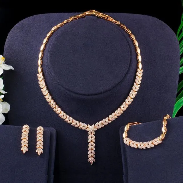 Impressive Micro Pave AAA  High Quality Cubic Zircon Dangle Drop Flower Leaf  Wedding Jewelry Set
