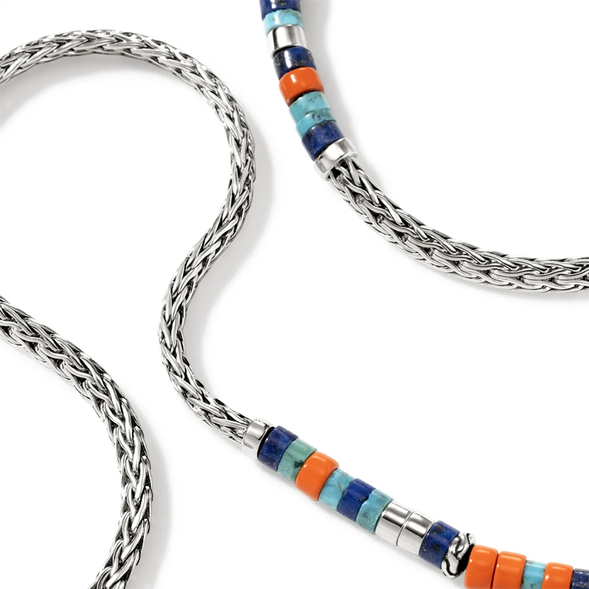 John Hardy Heishi Silver 3.5mm Slim Chain Necklace with Lapis, Turquoise, and Enamel