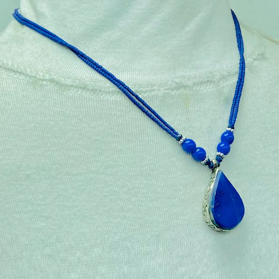 Lapis Lazuli Tear Drop Shape Pendant Necklace