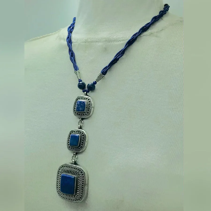 Lapis Lazuli Triple Stone Pendants Necklace