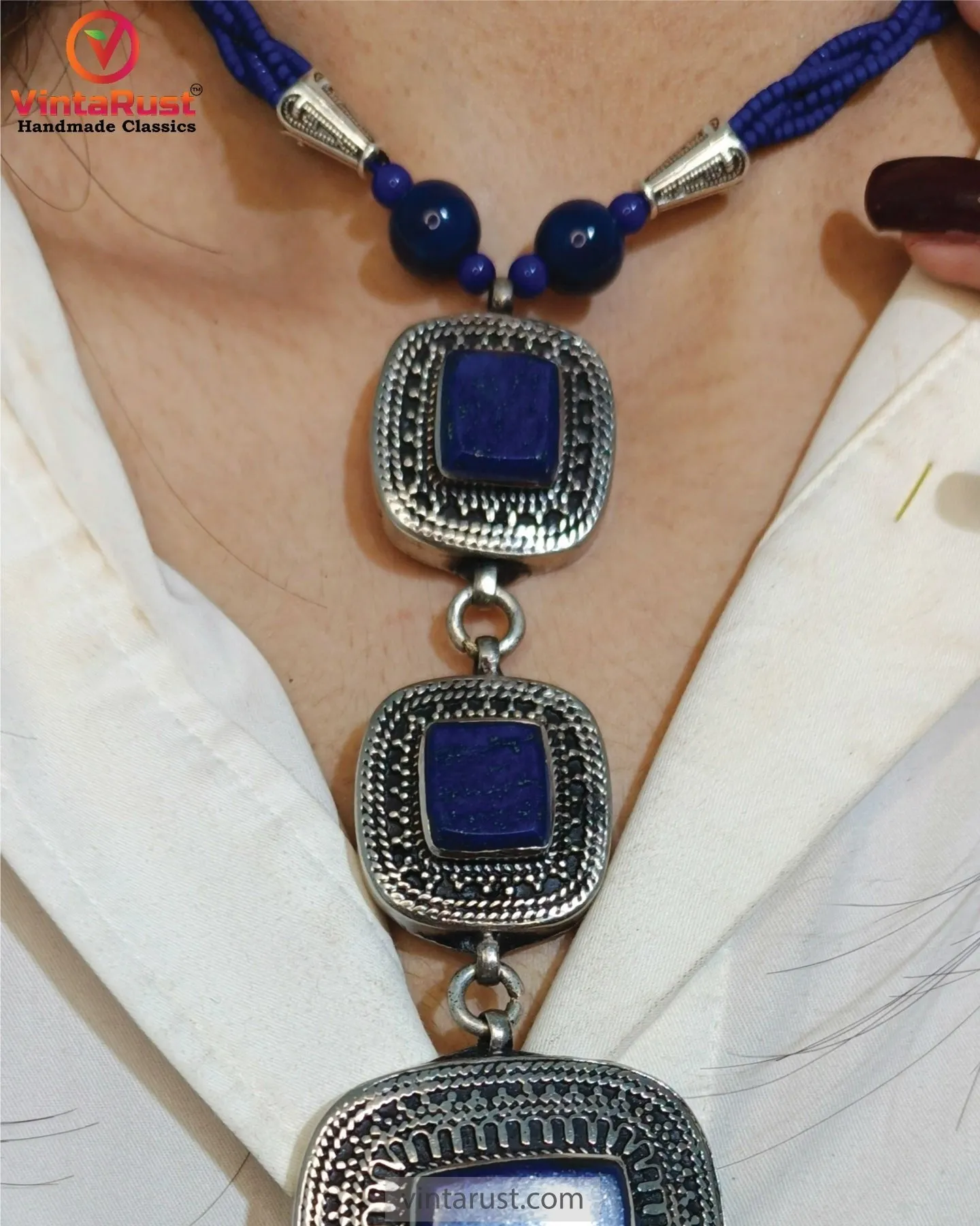 Lapis Lazuli Triple Stone Pendants Necklace
