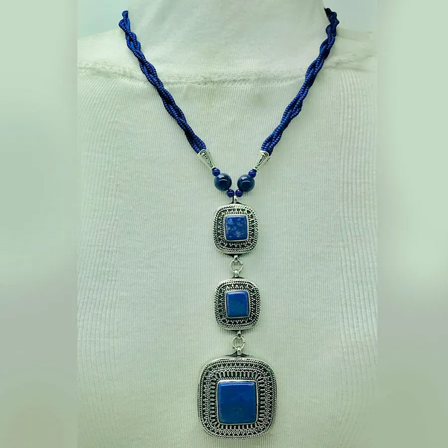 Lapis Lazuli Triple Stone Pendants Necklace