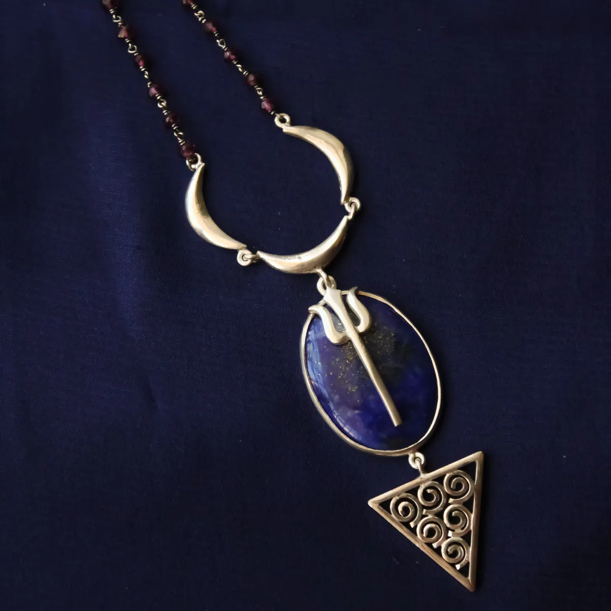 Lapis Lazuli Trishul Moon Spiral Long Necklace (Silver)