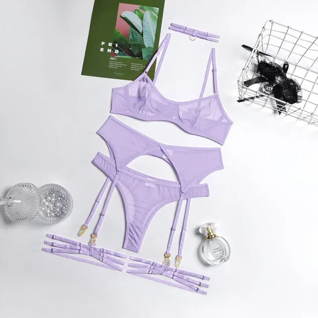 Mesh Thong Garter Set with Leg Strap & Choker