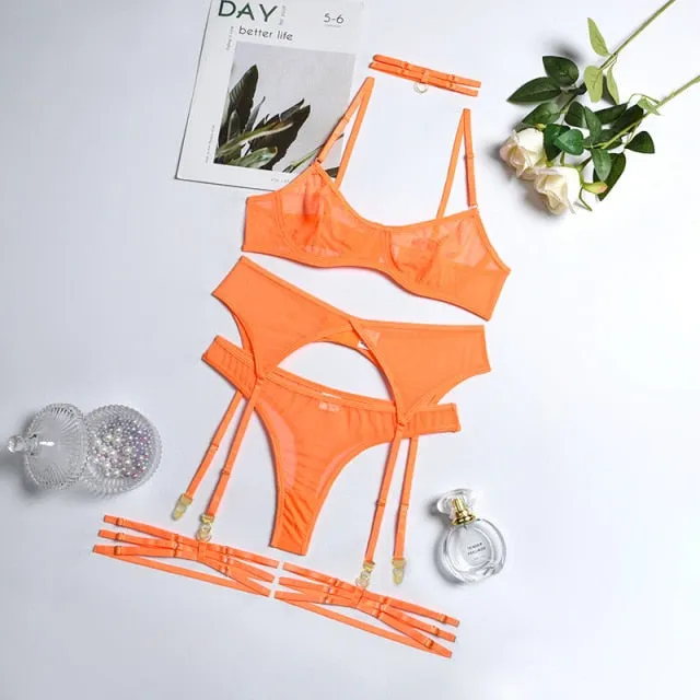 Mesh Thong Garter Set with Leg Strap & Choker