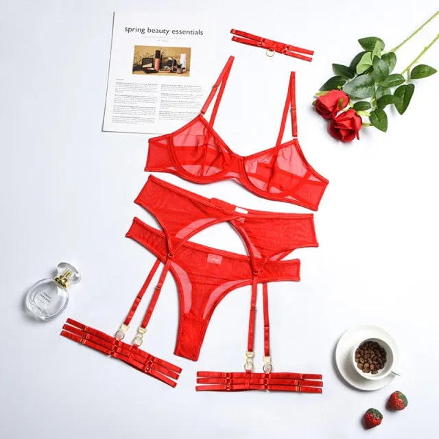 Mesh Thong Garter Set with Leg Strap & Choker