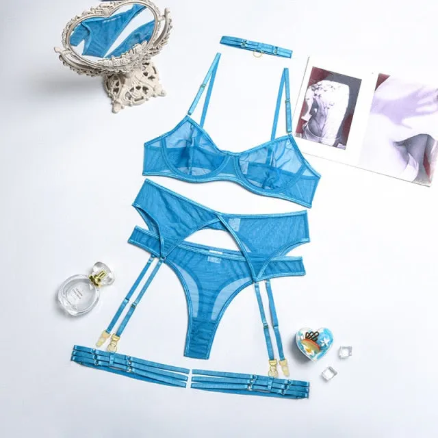 Mesh Thong Garter Set with Leg Strap & Choker