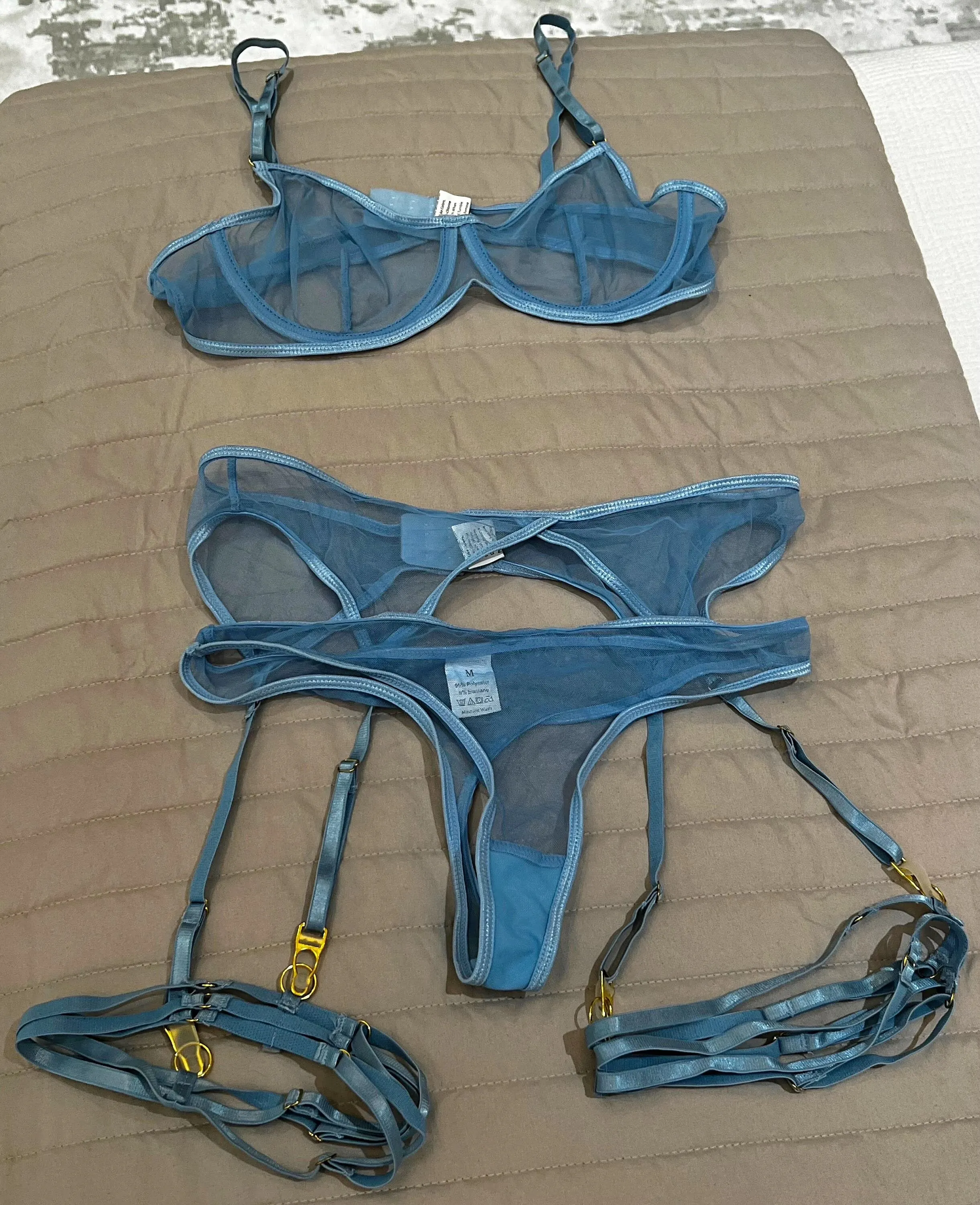 Mesh Thong Garter Set with Leg Strap & Choker