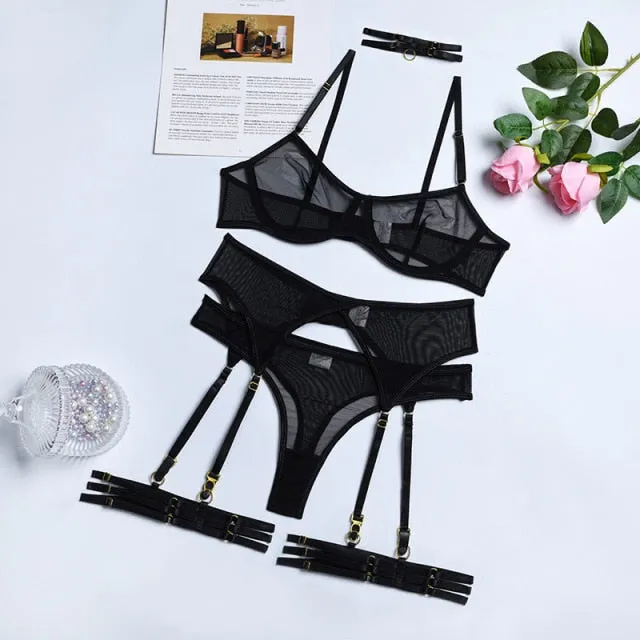 Mesh Thong Garter Set with Leg Strap & Choker
