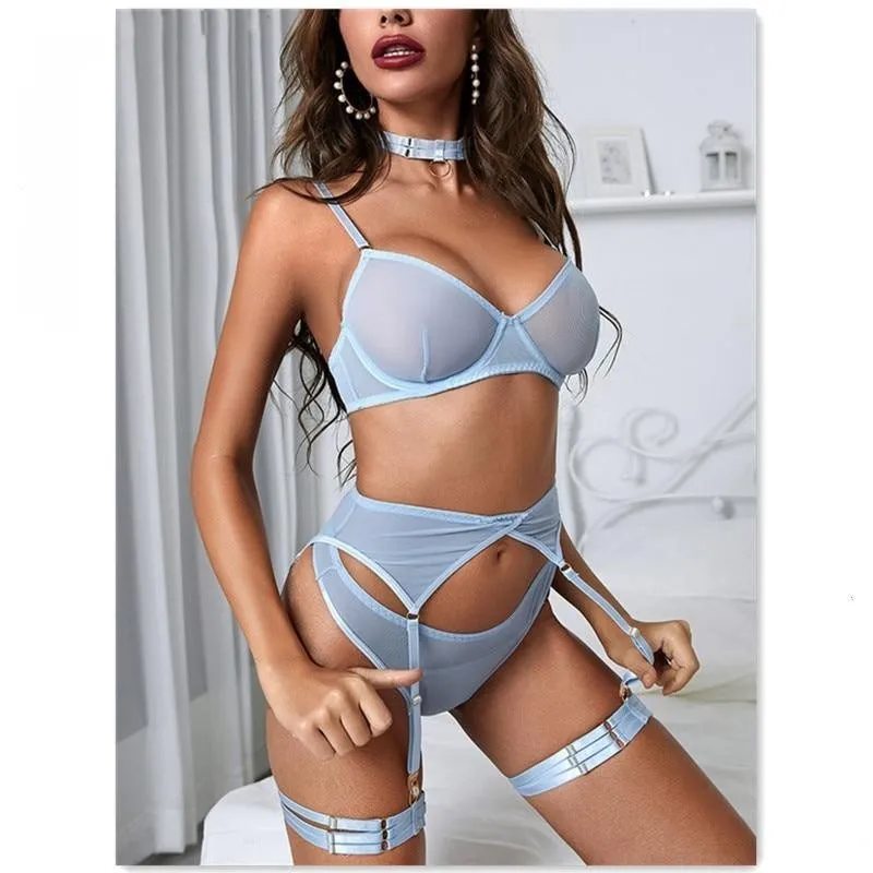 Mesh Thong Garter Set with Leg Strap & Choker