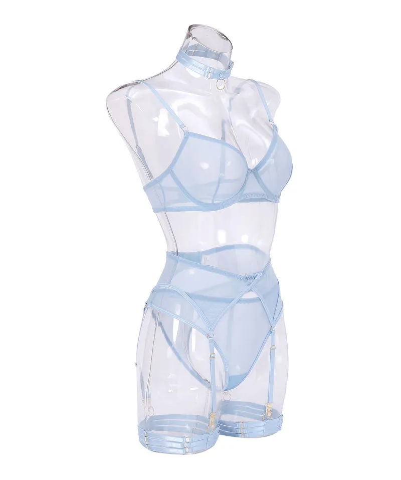 Mesh Thong Garter Set with Leg Strap & Choker
