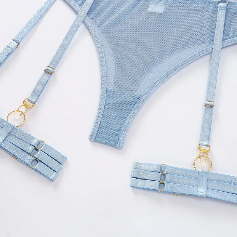 Mesh Thong Garter Set with Leg Strap & Choker