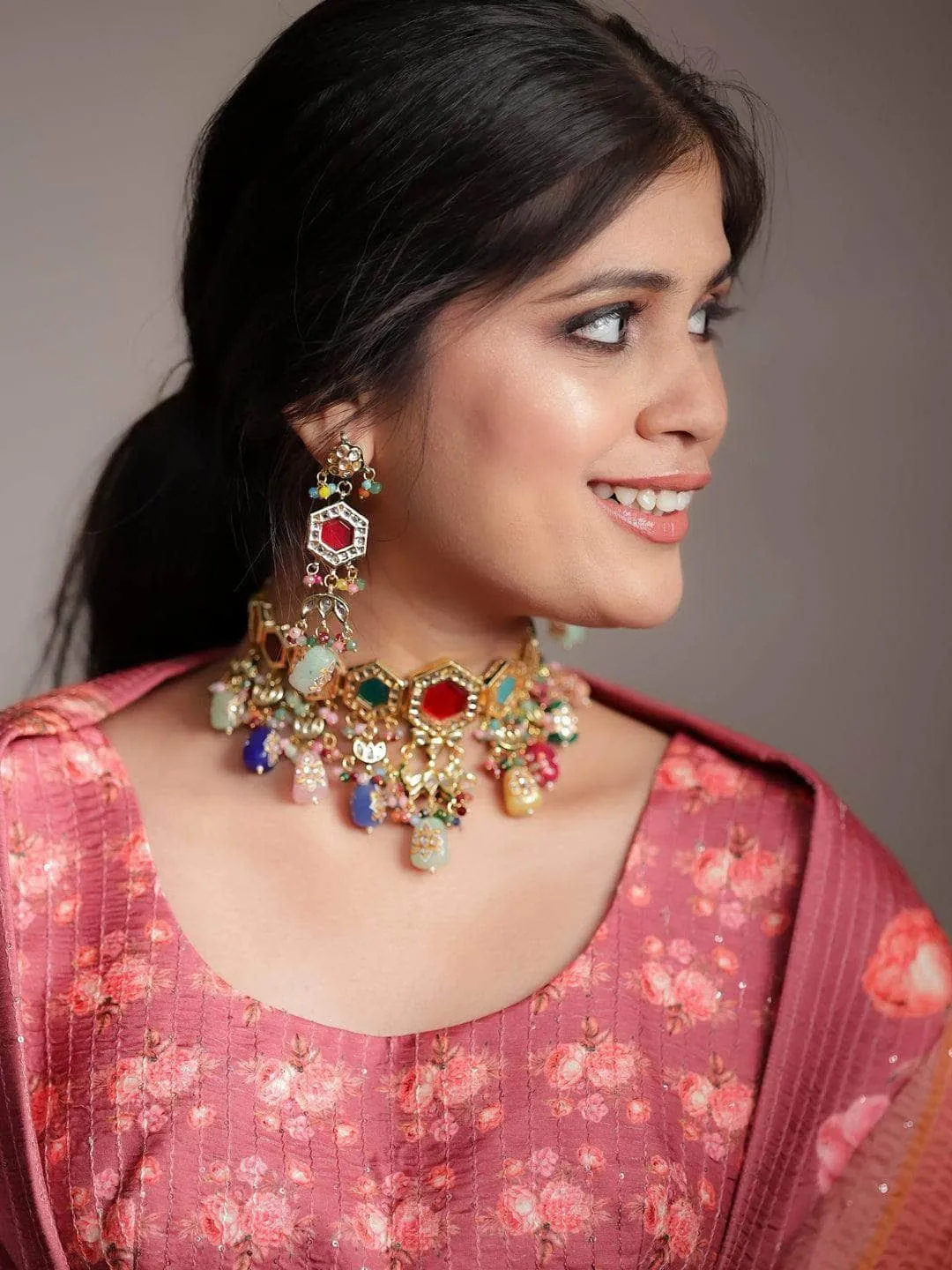 Multi Color Navratna Stone Choker Set