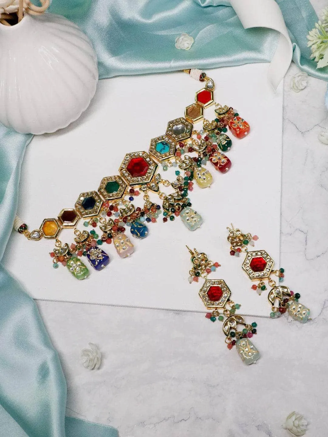 Multi Color Navratna Stone Choker Set