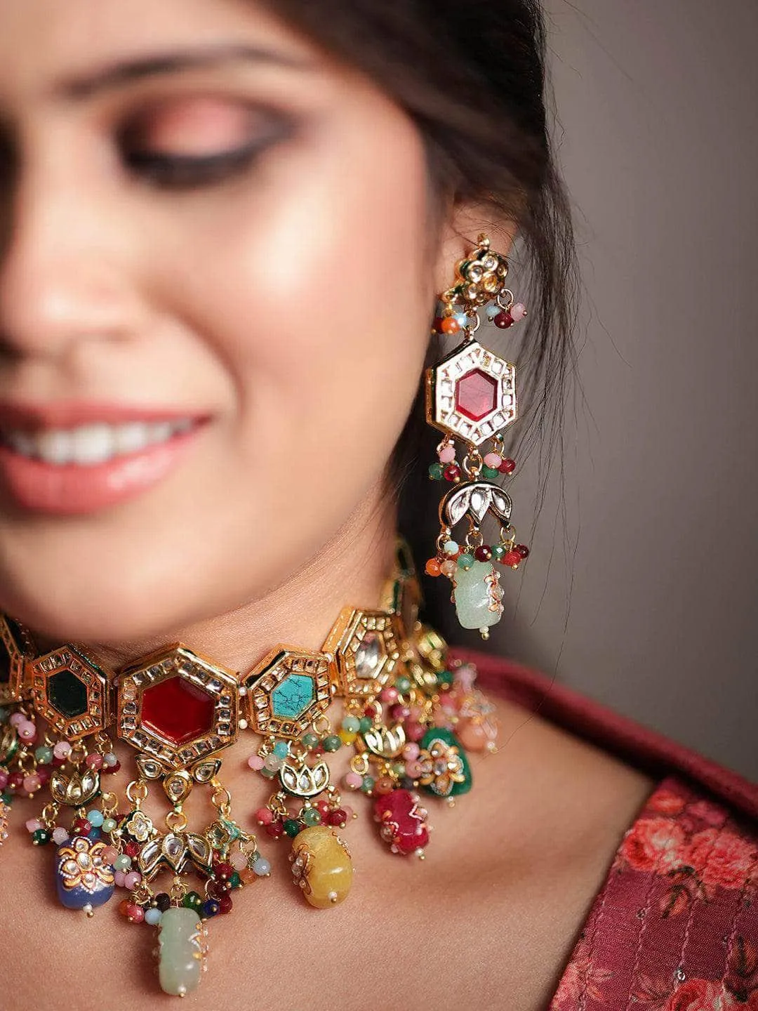 Multi Color Navratna Stone Choker Set