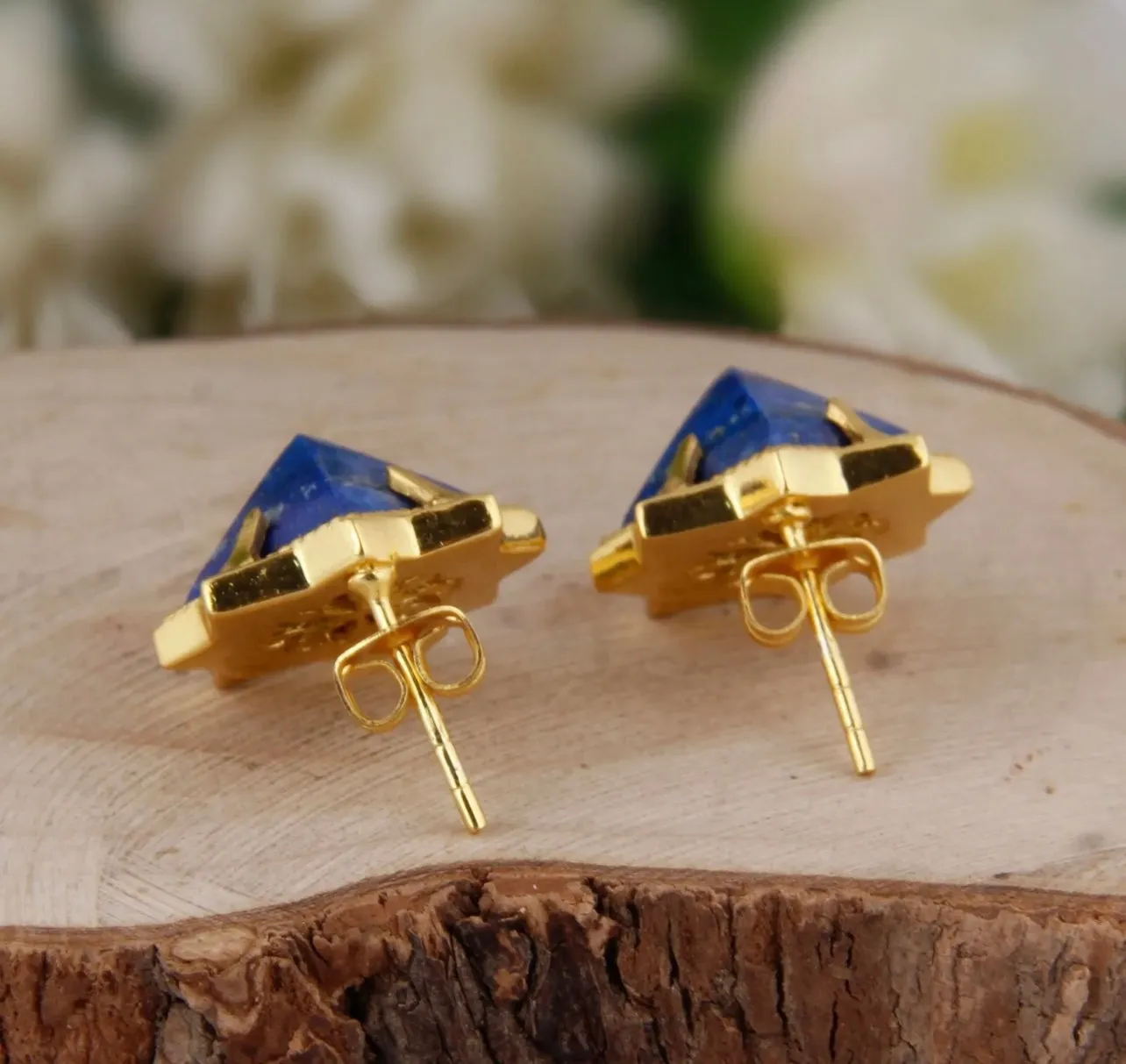 Natural Blue Lapis Lazuli Pyramid Stud Earrings