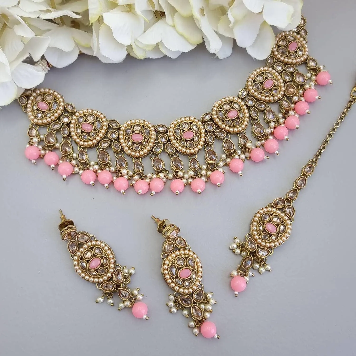 Nia - Baby Pink Polki Necklace Set