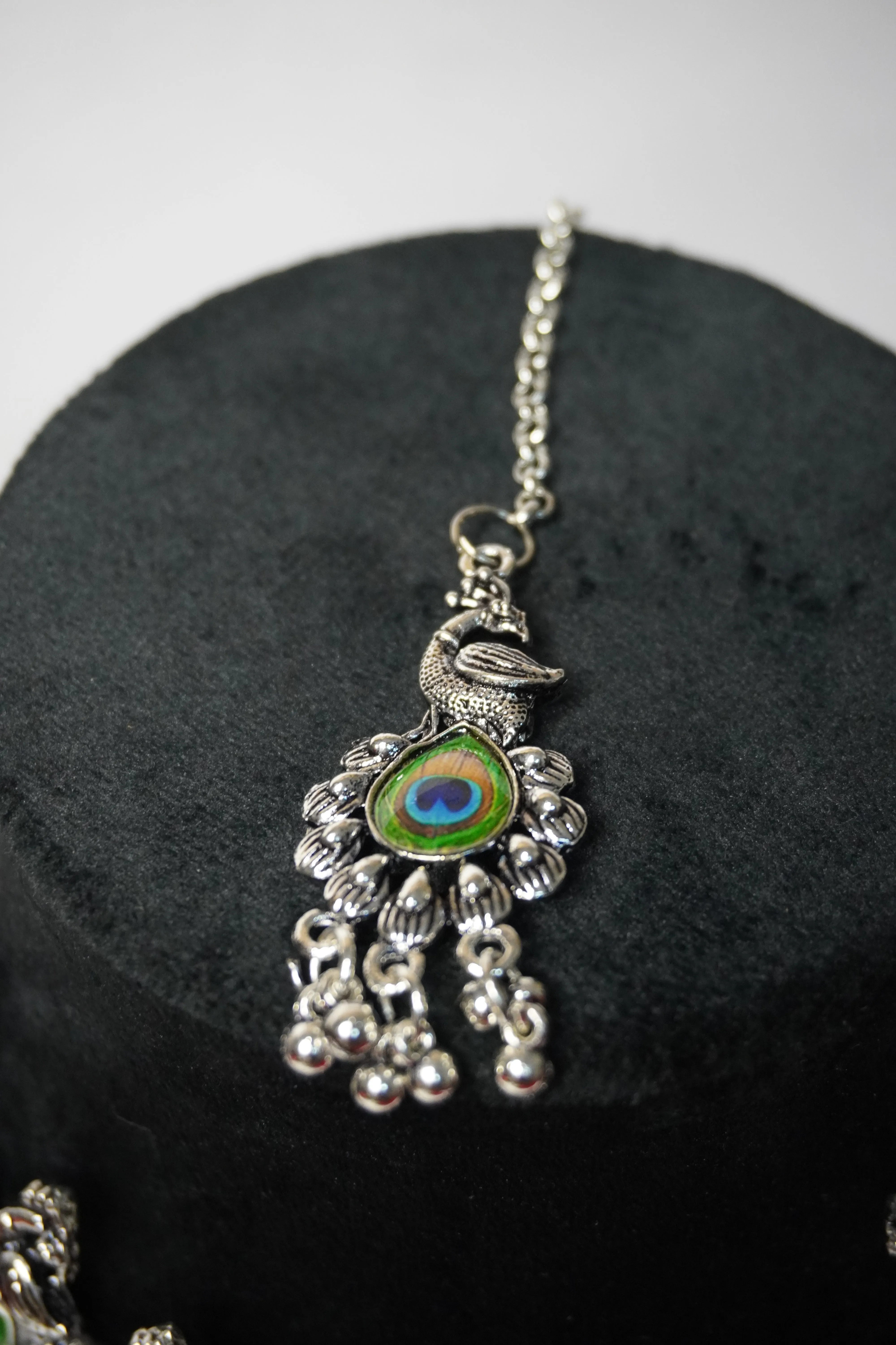 Peacock Feather Design Oxidised Necklace with Earring & Maang Tikka
