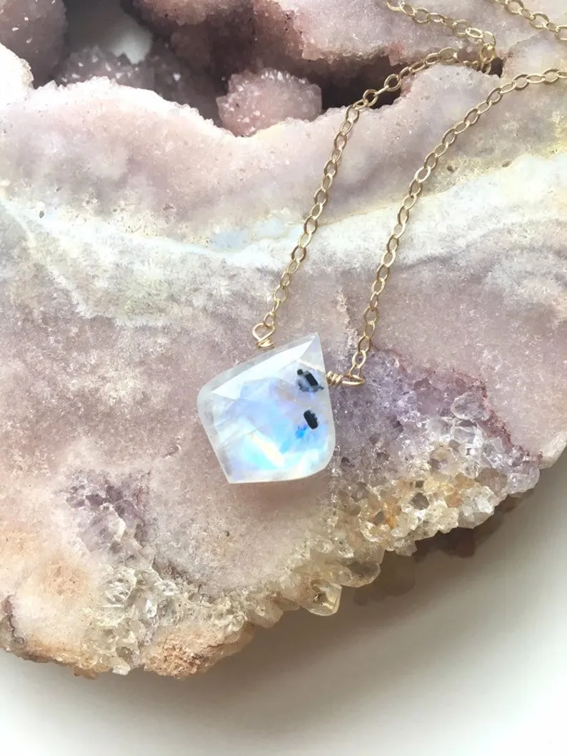 Rainbow Moonstone Crystal Pendant Necklace Sterling Silver or 14kt Gold Filled