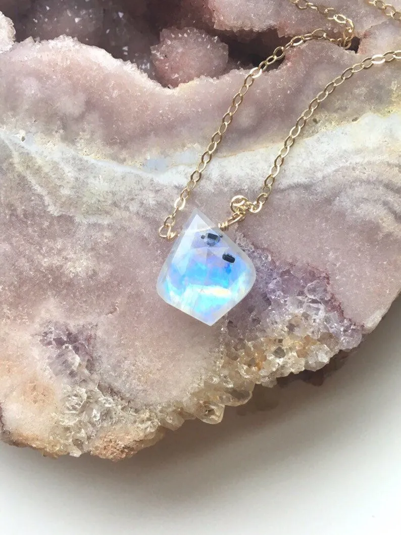 Rainbow Moonstone Crystal Pendant Necklace Sterling Silver or 14kt Gold Filled