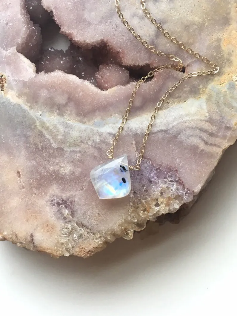 Rainbow Moonstone Crystal Pendant Necklace Sterling Silver or 14kt Gold Filled