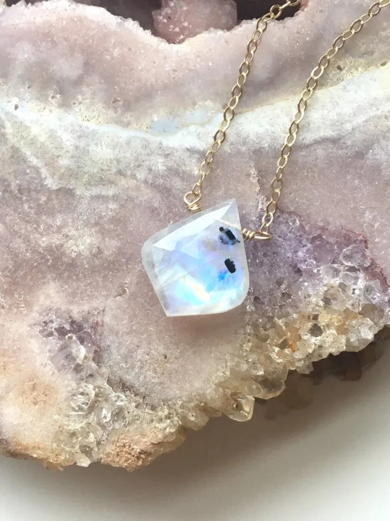 Rainbow Moonstone Crystal Pendant Necklace Sterling Silver or 14kt Gold Filled