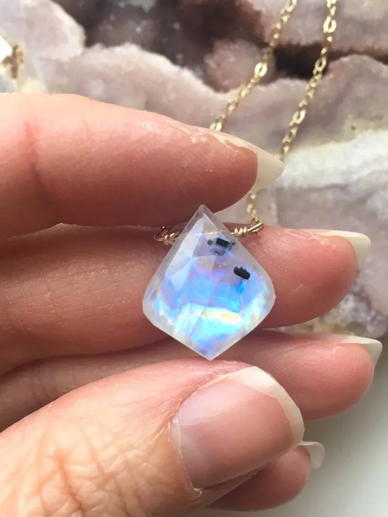Rainbow Moonstone Crystal Pendant Necklace Sterling Silver or 14kt Gold Filled