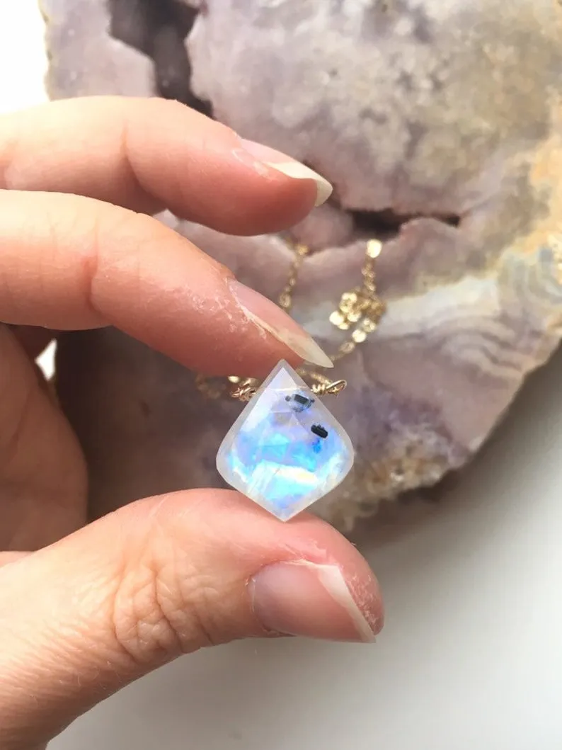 Rainbow Moonstone Crystal Pendant Necklace Sterling Silver or 14kt Gold Filled
