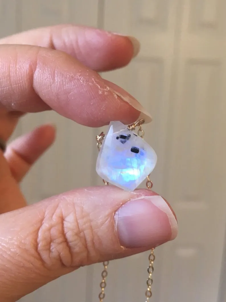 Rainbow Moonstone Crystal Pendant Necklace Sterling Silver or 14kt Gold Filled
