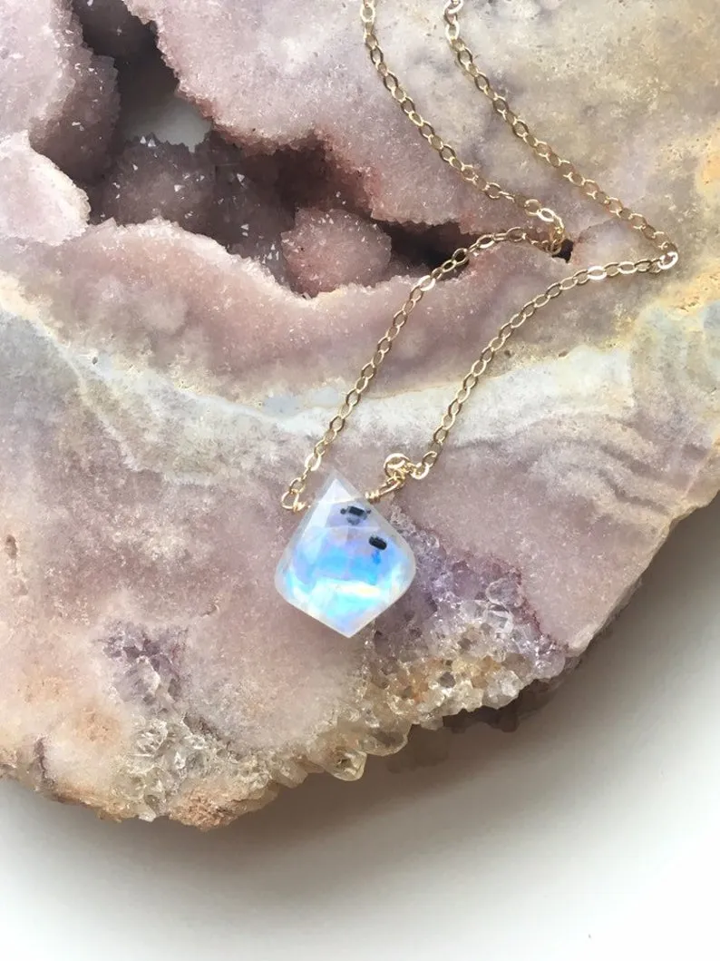 Rainbow Moonstone Crystal Pendant Necklace Sterling Silver or 14kt Gold Filled