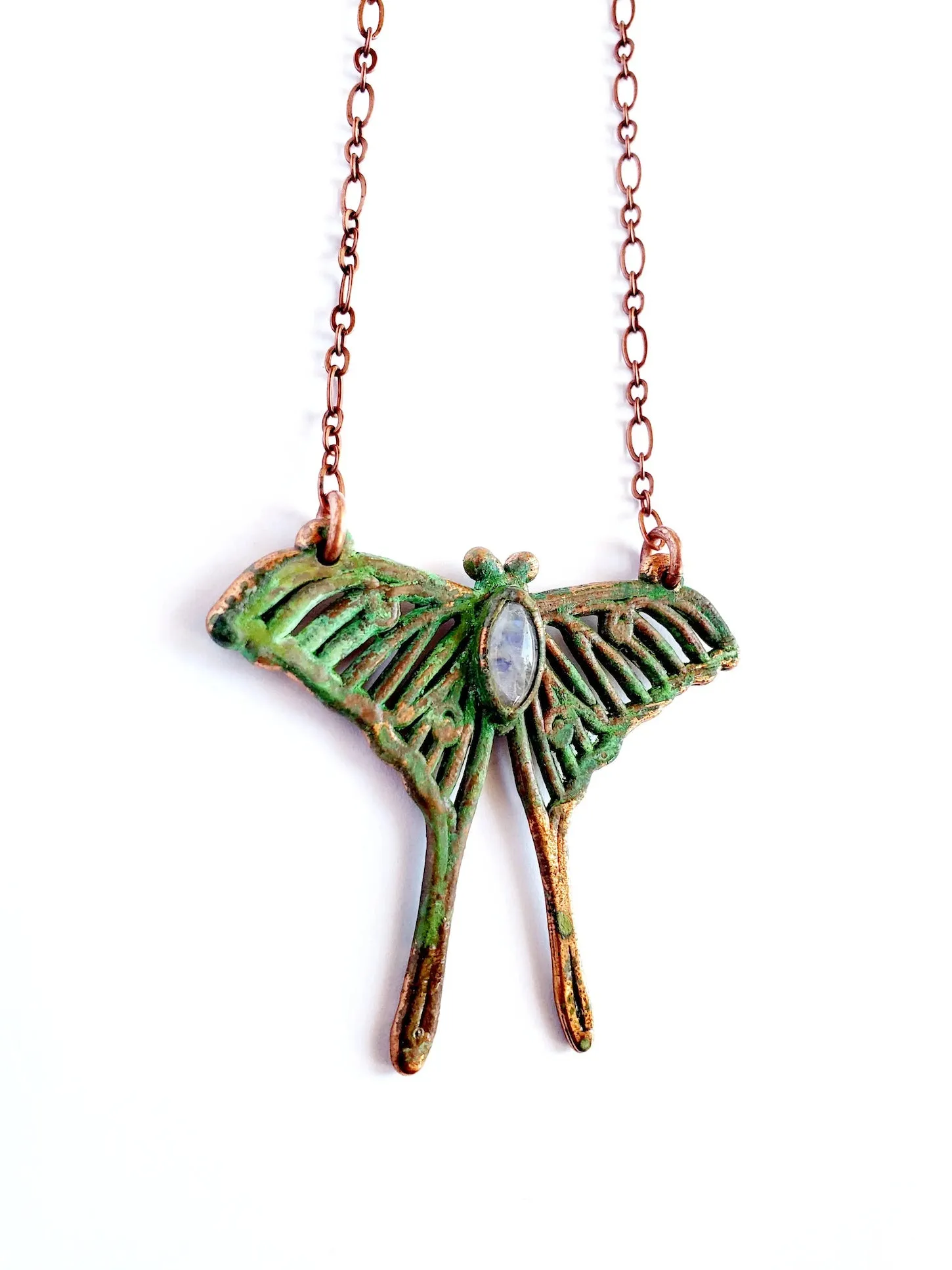 Rainbow Moonstone Luna Moth Necklace