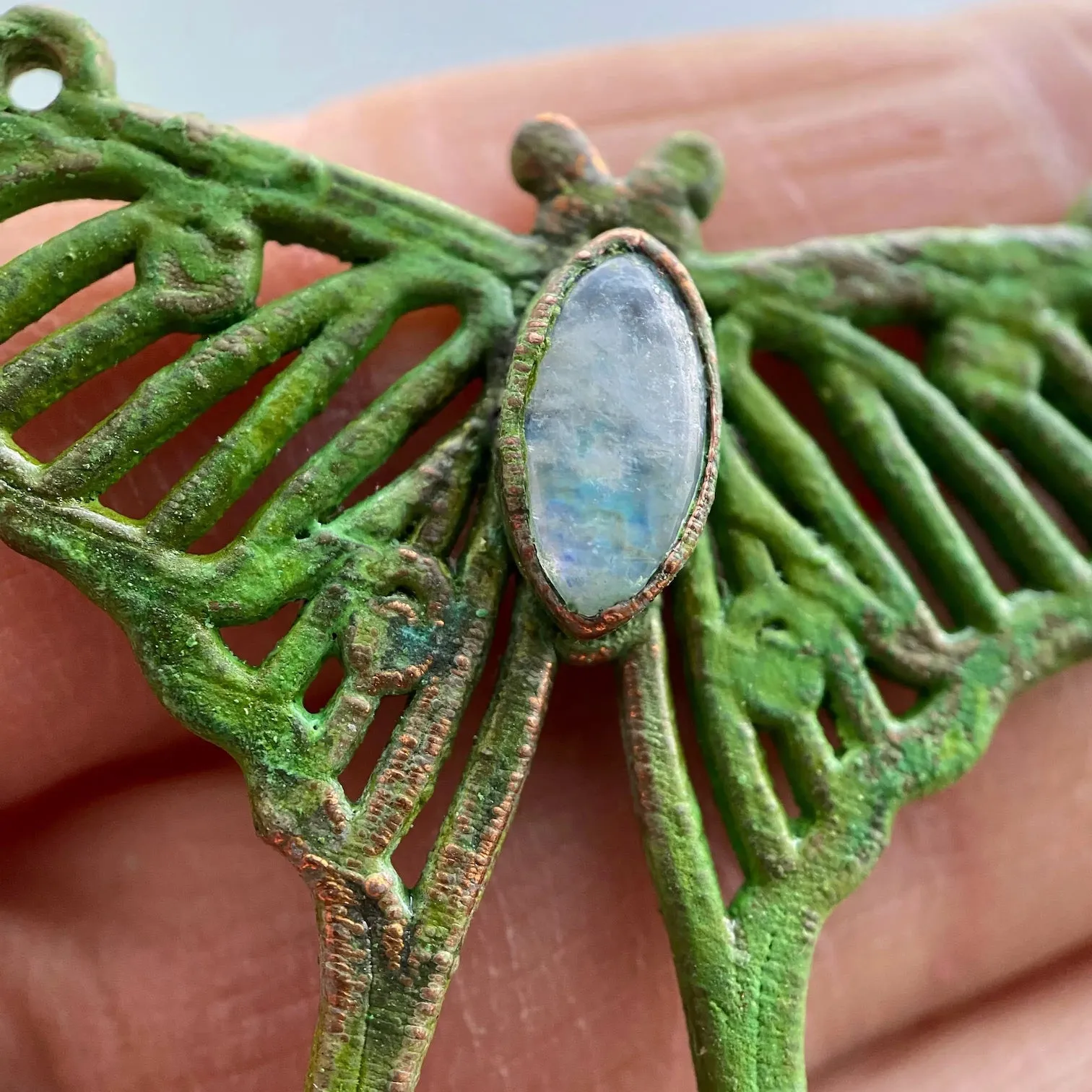 Rainbow Moonstone Luna Moth Necklace