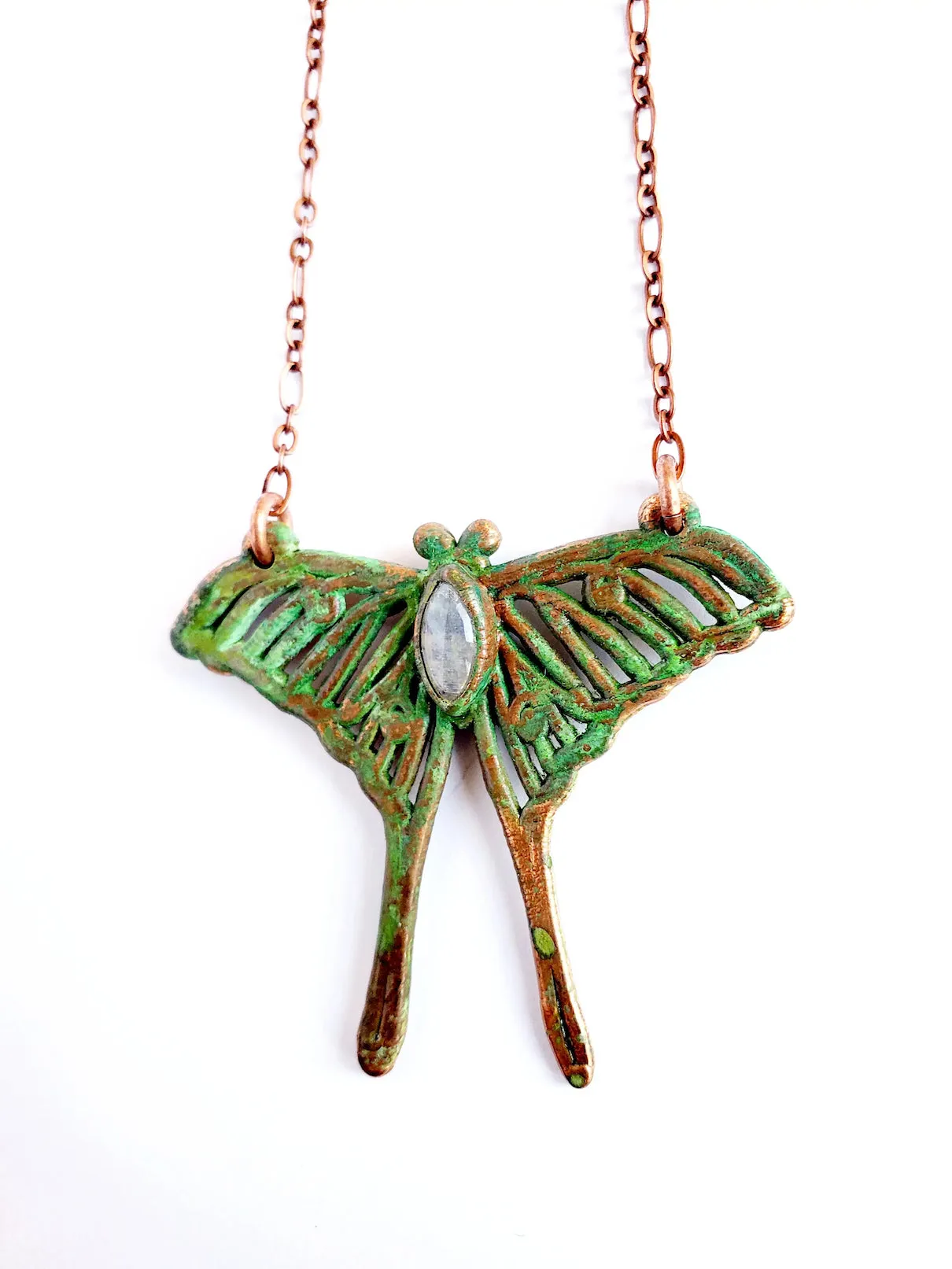 Rainbow Moonstone Luna Moth Necklace